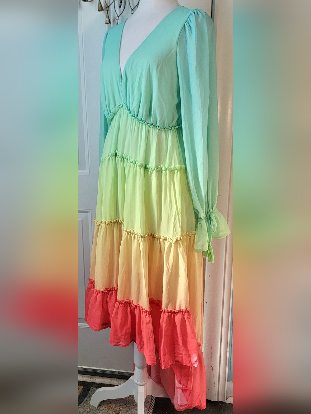 Champagne & Strawberry Tiered High Low Maxi Dress Womens S Pastel Ombre Long Sle - Picture 2 of 14